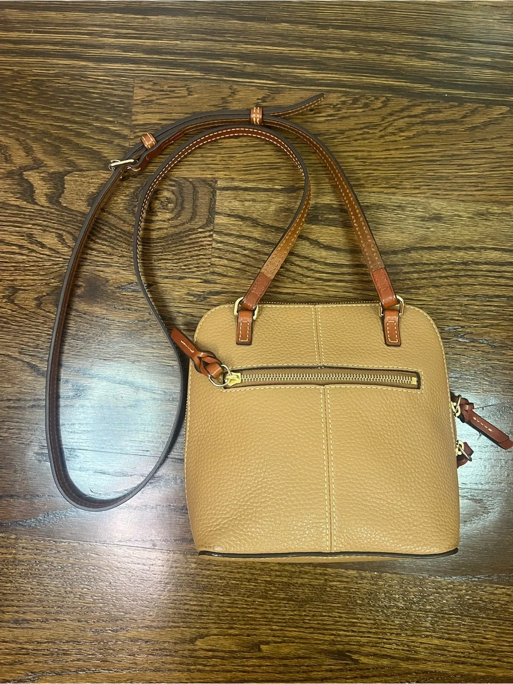 Dooney & Bourke Trixxi, Tan Pebble Leather Crossbody with Brown Strap